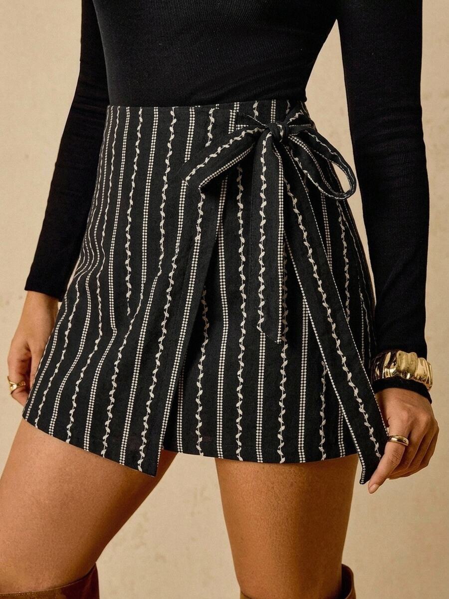 Freevana Women Boho Striped Floral Wrap Mini Skirt With Side Tie Knot And Asymmetrical Hemline - Black - View 1