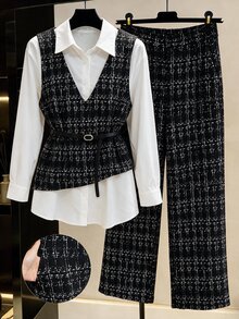Modelyn Setelan Kasual 2 Potong Wanita Ukuran Besar dengan Atasan Lengan Panjang dan Celana Motif Patchwork 2 in 1 - Hitam dan Putih - View 7
