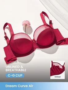 LUVLETTE Plus Unlined Full Coverage Side Support Christmas Red Mesh Sheer Basic Breezy Comfort Minimizer Women Lingerie Intimates Bra - Red - View 1
