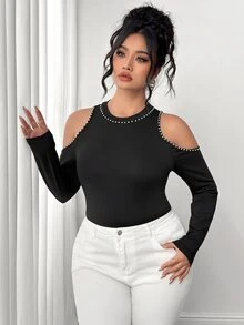 Elenzga Plus Size Elegant Cold Shoulder Beaded Black Long Sleeve Round Neck Top, Party Elastic T-Shirt - Black - View 5