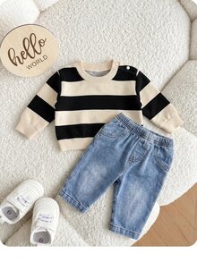 Newborn Baby Minimalist Striped Round Neck Winter Top And Pocket Denim Pants Set - Black - View 3