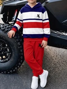 Tween Boy Striped Colorblock Long Sleeve Hoodie And Jogger Pants 2 Pieces Set, Suitable For Autumn/Winter - Multicolor - View 7