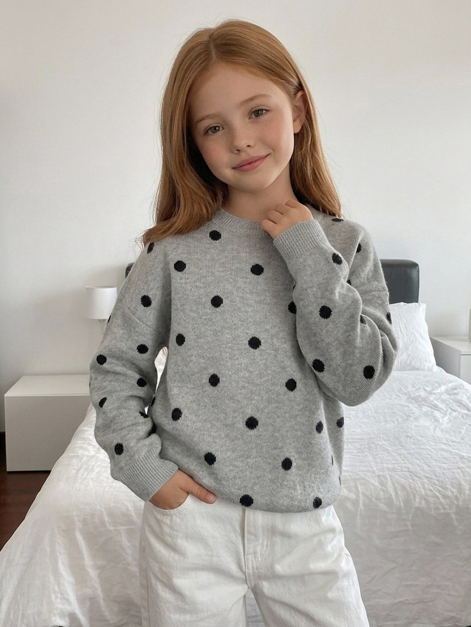 Tween Girl) Polka Dot Casual Cute Minimalist Crew Neck Pullover Basic Layering Thick Sweater, Autumn/Winter