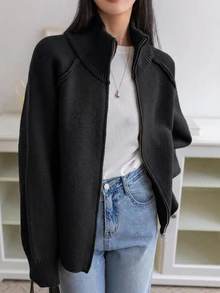 DAZY 秋冬黑色針織開襟衫 寬鬆休閒女款辦公通勤毛衣 - 黑色 - 查看 5
