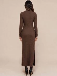 Amorya Women's Solid Color Lapel Long Sleeve Side Slit Hem Elegant Long Dress - Coffee Brown - View 2