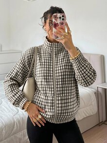SHEIN EZwear Women's Regular Plaid Woven Jacket - Black and White - View 3