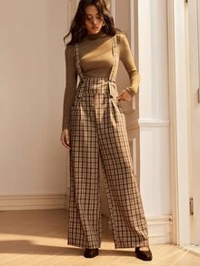 Écloséra Overall Model Celana Lebar Khaki Vintage Kotak-kotak Gaya Prancis - Coklat - View 6