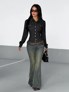 StreetHx Atasan Denim Kasual Bergaris untuk Wanita, Cocok untuk Sehari-hari - Hitam - View 3