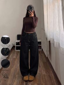 SHEIN Teen Girls Y2K Tea Color Contrast Stitching Black Gray Washed Loose Straight Leg Wide Leg Denim Jeans, Back To School Casual Street Style Denim Pants - Black - View 3