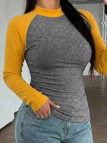 Dazy Plus Colorblock Patchwork Fitted Street Casual Short Long Sleeve Spring Autumn T-Shirt - Yellow - View 1