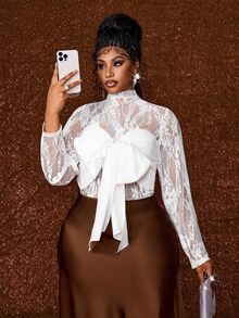 Maweii Sexy Style Hollow Lace Long Sleeve Satin Big Bow Strapless Layered Top T-Shirt - White - View 5