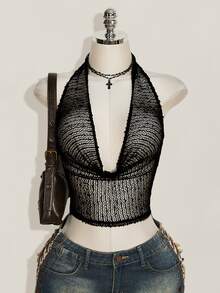SHEIN ICON 夏季 Y2K 風格女款無袖露背素色垂領短版性感細肩帶背心上衣 - 黑色 - 查看 1