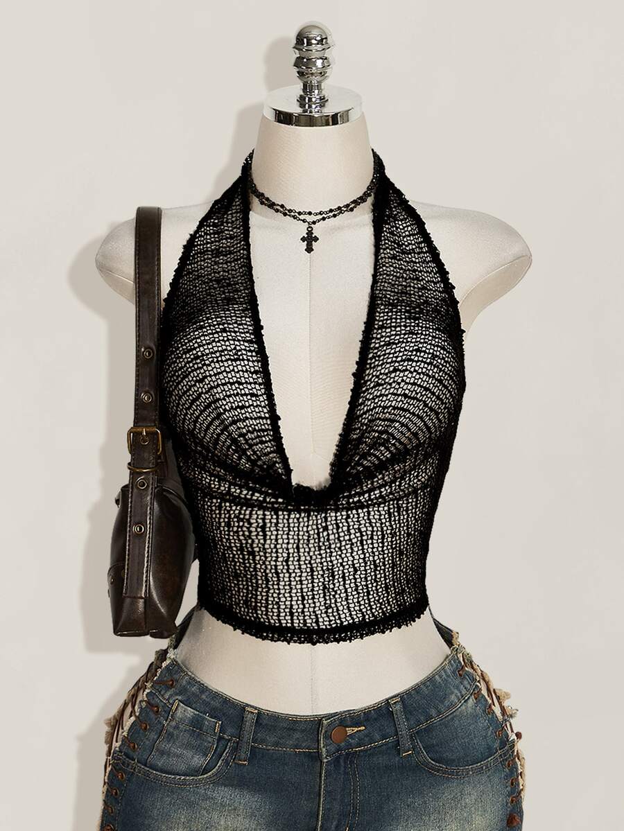 SHEIN ICON 夏季 Y2K 風格女款無袖露背素色垂領短版性感細肩帶背心上衣 - 黑色 - 查看 1