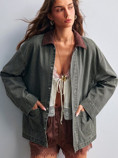 Willow Rêve Women's Green Denim Jacket With Contrast Corduroy Collar, Loose Fit