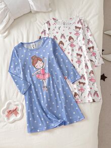 四季秋冬女童幼兒時尚可愛芭蕾女孩印花長袖圓領舒適牛奶絲面料家居睡裙 - 藍色 - 查看 1