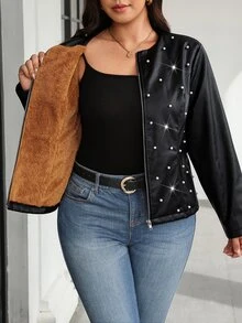 SHEIN Clasi Plus Size Women's Faux Pearl Decor Thermal Lined Casual Jacket - Black - View 4