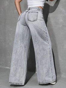 SHEIN Tall 女款極簡時尚拉鍊門襟寬鬆直筒牛仔褲，適合日常穿著 - 淺灰色 - 查看 2