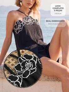 CAJUNI Chic Vacation Chic Elegant Flower Embellishment Top And Shorts Coord - Black - View 8