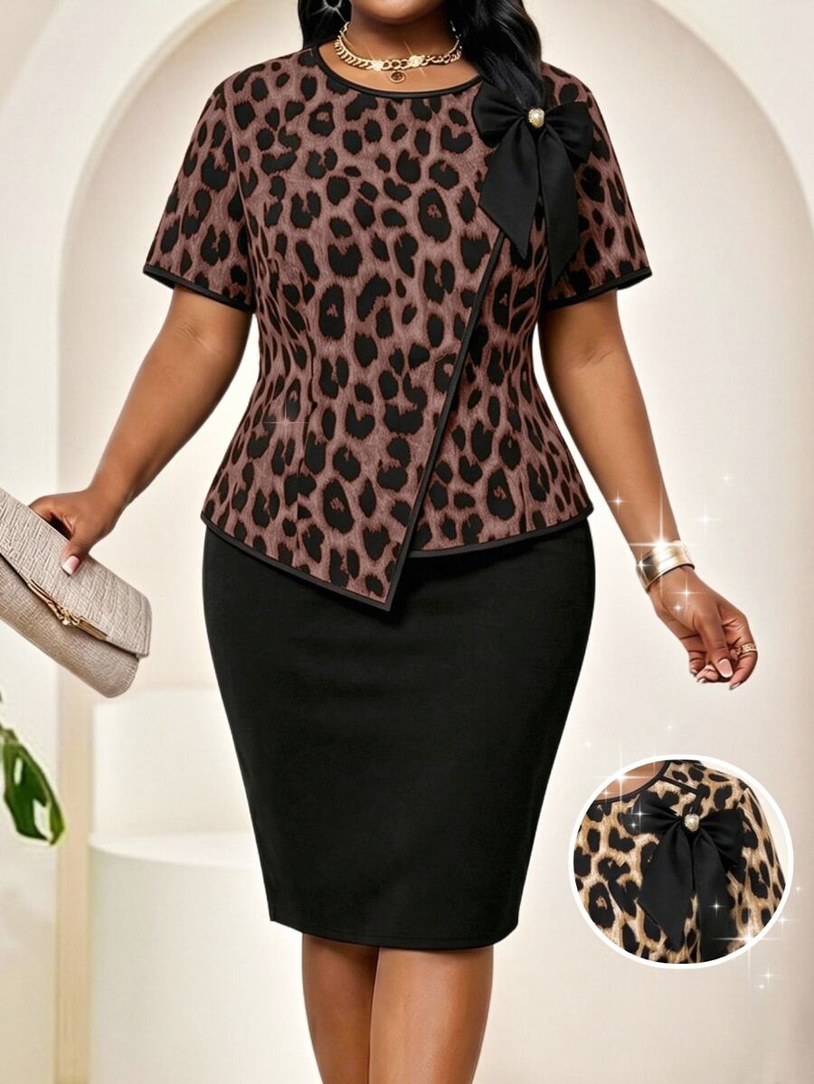 SHEIN Lady Plus Size Women Leopard Print Short Sleeve Asymmetric Hem Shirt And Bodycon Skirt Elegant 2 Pieces Set - Multicolor - View 1