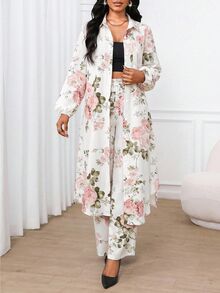SHEIN Lady Women's All-Over Floral Print Casual Long Shirt & Pants 2 Pieces Set - Multicolor - View 5