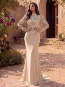 Coutiva Champagne Gold Semi-High Neck Puff Long Sleeve Fully Embellished Rhinestone Beaded Asymmetrical Waist Fitted Mermaid Long Evening Gown - Champagne - View 5
