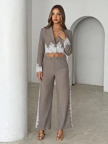 Siren Gaze Women's Short Lace Patchwork Blazer And Pants Set - Khaki - View 4