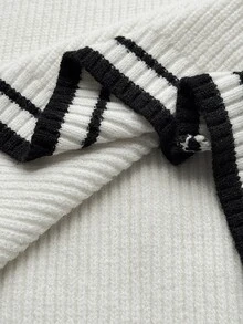 Maweii 大尺碼女款拉鍊刺繡休閒時尚撞色套頭毛衣 - 白色 - 查看 6
