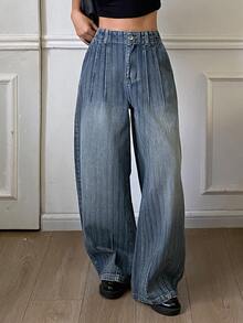 Livesso Celana Jeans Denim Kasual Wanita Warna Biru Pinggang Tinggi Kancing Dicuci, Potongan Lurus Longgar dan Lebar, Musim Gugur - Biru - View 4