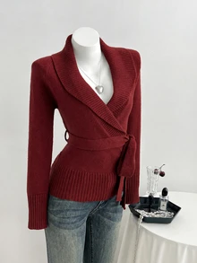Elamini Women's Deep Brown Oversized Lapel Cross-Waist Tie-Up Sweater, Hot Girl Style - Burgundy - View 5