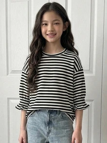 DAZY (Tween Girl) 杏色針織條紋短袖圓領秋季燈籠袖寬鬆T恤 - 黑與白 - 查看 6