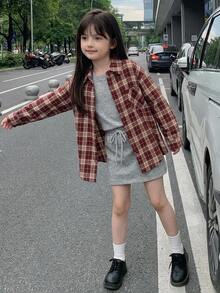 DAZY Tween Girl) Casual Long Sleeve Plaid Shirt With Collar, Basic Autumn Outerwear - Burgundy - View 3