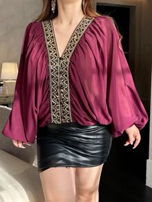 Vibekara Plus Size Purple Batwing Sleeve Shirt With Lace Trim Placket, Casual And Comfortable For Early Autumn - Red Violet - View 4