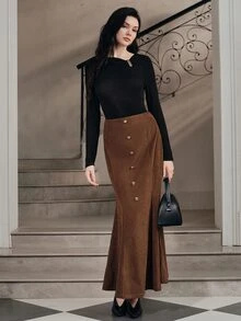 Anewsta Rok Wanita Model Ekor Ikan dengan Hiasan Kancing Warna Cokelat Kopi Modern - Coffee Brown - View 3