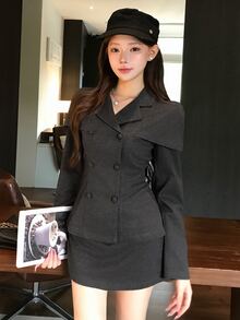 DAZY Autumn/Winter Double-Breasted Shawl Collar Waist-Cinching Wool Blazer & Bodycon Short Skirt Elegant Commute Date Office Women 2 Pieces Set - Grey - View 7