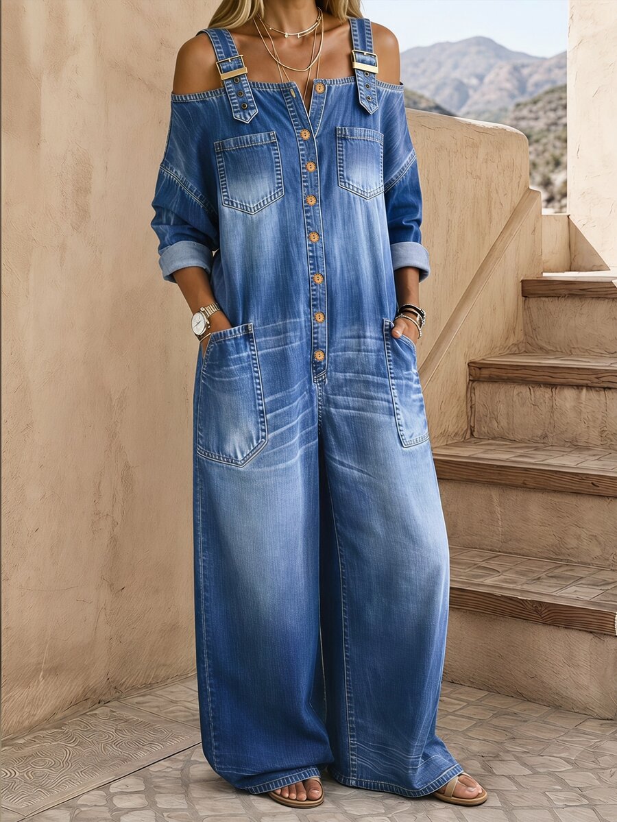 EMERY ROSE Jumpsuit Denim Boho Longgar dengan Tali Bahu yang Dapat Diatur, Cocok untuk Perjalanan Sehari-hari, Jalan-jalan, Pesta, dan Acara Lainnya - Biru - View 1