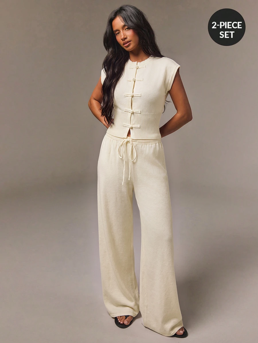 Athîral Women's Frog Button Knit Top And Drawstring Waist Knit Pants 2 Pieces Set, Airport, Casual Commute Outfit - Cream - View 1
