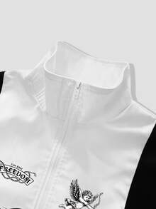 ROMWE MEN Street Life Men's Colorblock Letter Print Zipper Stand Collar Jacket And Outerwear Suitable For Daily Wear - Multicolor - View 3