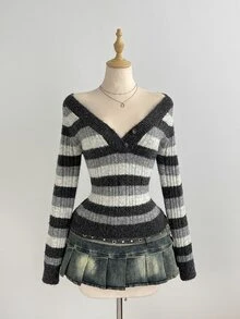 Elamini Women's Autumn/Winter Lazy Fashion Versatile Retro Striped Asymmetric Shoulder Button Sweater For Daily Commute And Gatherings - Multicolor - View 5