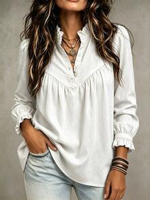 SHEIN Women's Fashion Blue Denim Effect Ruffle Collar Gathered Sleeve Loose Fit Versatile Shirt, Suitable For Daily Wear, Commuting, Casual Dating - White - View 5