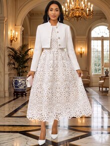 Fleurora Women's Round Neck Sleeveless Lace Waist-Cinching Dress And Solid Color Single-Breasted Long Sleeve Jacket 2 Pieces Set - White - View 7