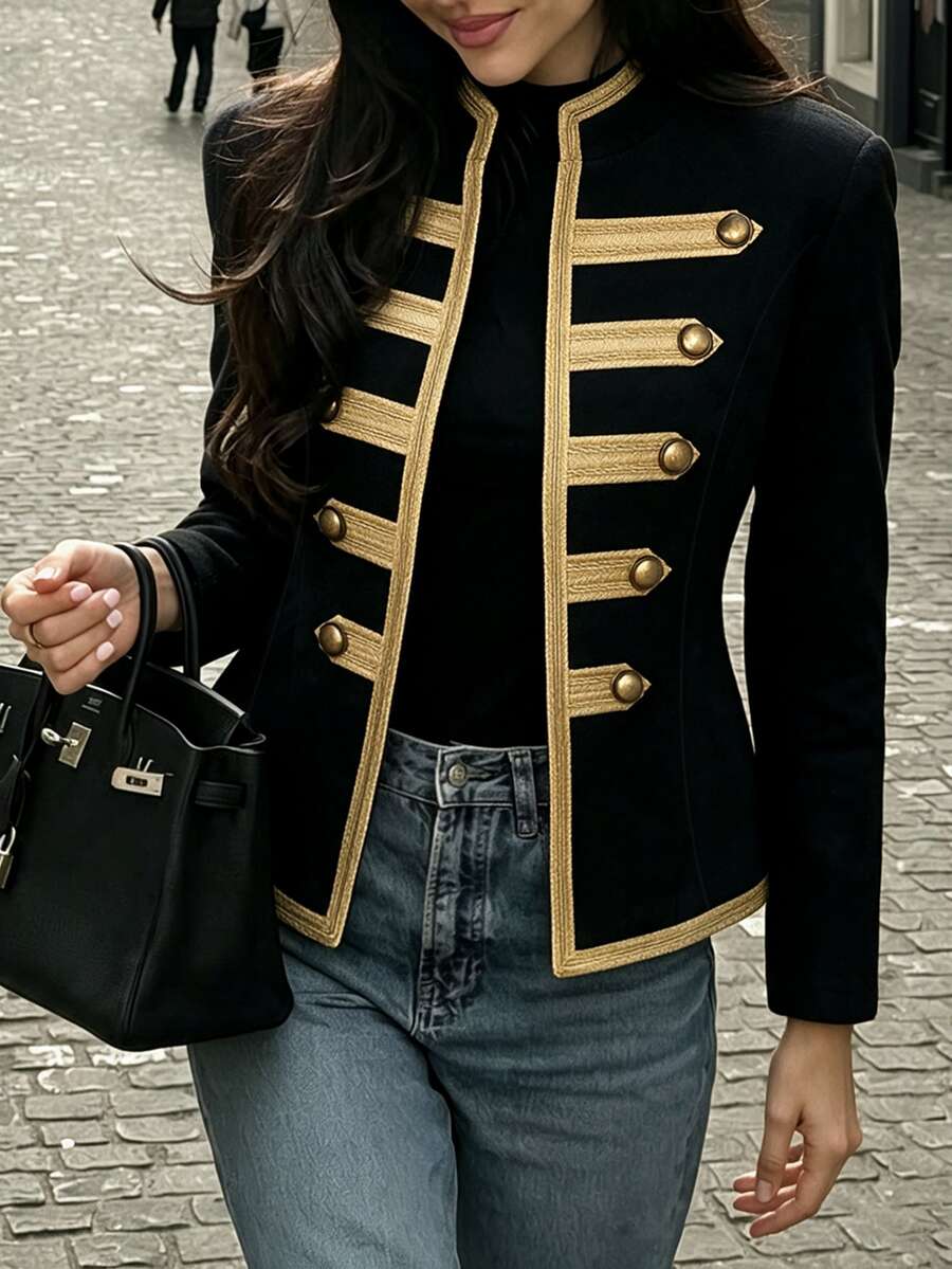 SHEIN Women's Long Sleeve Button Design Napoleon Regular Jacket,Renaissance Outfit Women,Social Clothing,Fall Winter Jacket,Vintage - Black - View 1