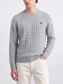 Manfinity Homme كنزة رجالية مضلعة مطرزة بياقة دائرية للارتداء اليومي، بأسلوب المال القديم - رمادي - مشاهدة 2