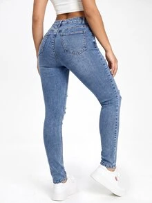 SHEIN EZwear 黑色斜口袋破洞緊身牛仔褲 - 藍色 - 查看 2