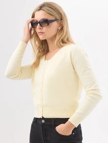 KÆRIA Hus Scoop Neck Sleeveless Knit Top & Cardigan Set - Linen Blend Knit - Butter Yellow - Minimalist, Layering, Preppy - Apricot - View 3