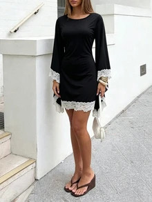 Selianne Women's Elegant Knitted Long Sleeve Bell Sleeve Lace Decor Dress - Black - View 4