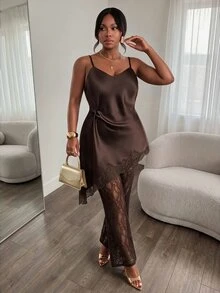 Firerie Plus Size Women Solid Color Contrast Lace Asymmetric Hem Camisole Top And Flare Pants Elegant Set - Coffee Brown - View 3