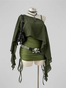 Sunspun Plus Size Spring/Summer Sheer Top & Fitted Drawstring Cami Dress 2 Pieces Set - Army Green - View 6