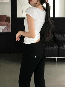 DAZY 女款純色休閒百搭日常喇叭褲 - 黑色 - 查看 5