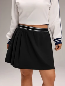 EMERY ROSE Plus Size Minimalist Casual Striped Colorblock Pleated Mini Skirt - Multicolor - View 5