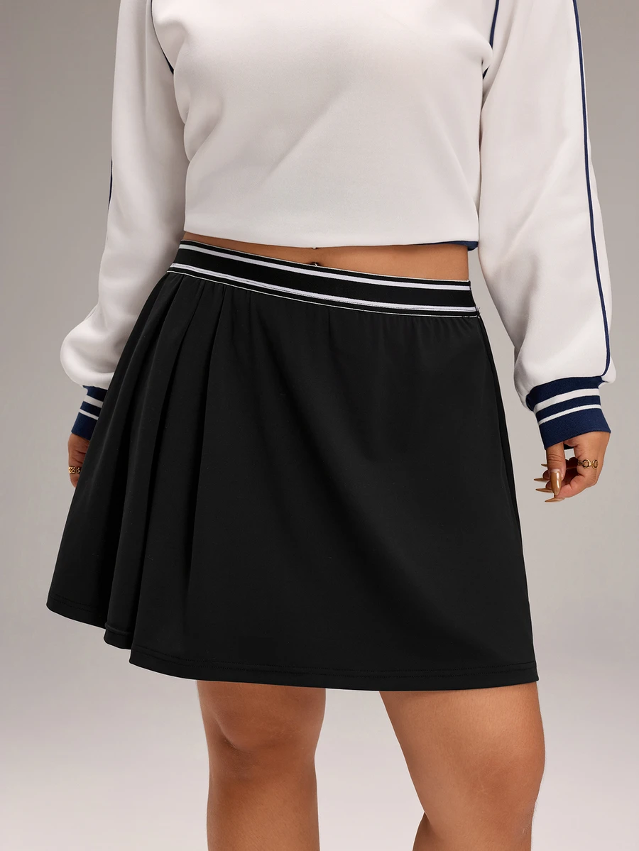 EMERY ROSE Plus Size Minimalist Casual Striped Colorblock Pleated Mini Skirt - Multicolor - View 1